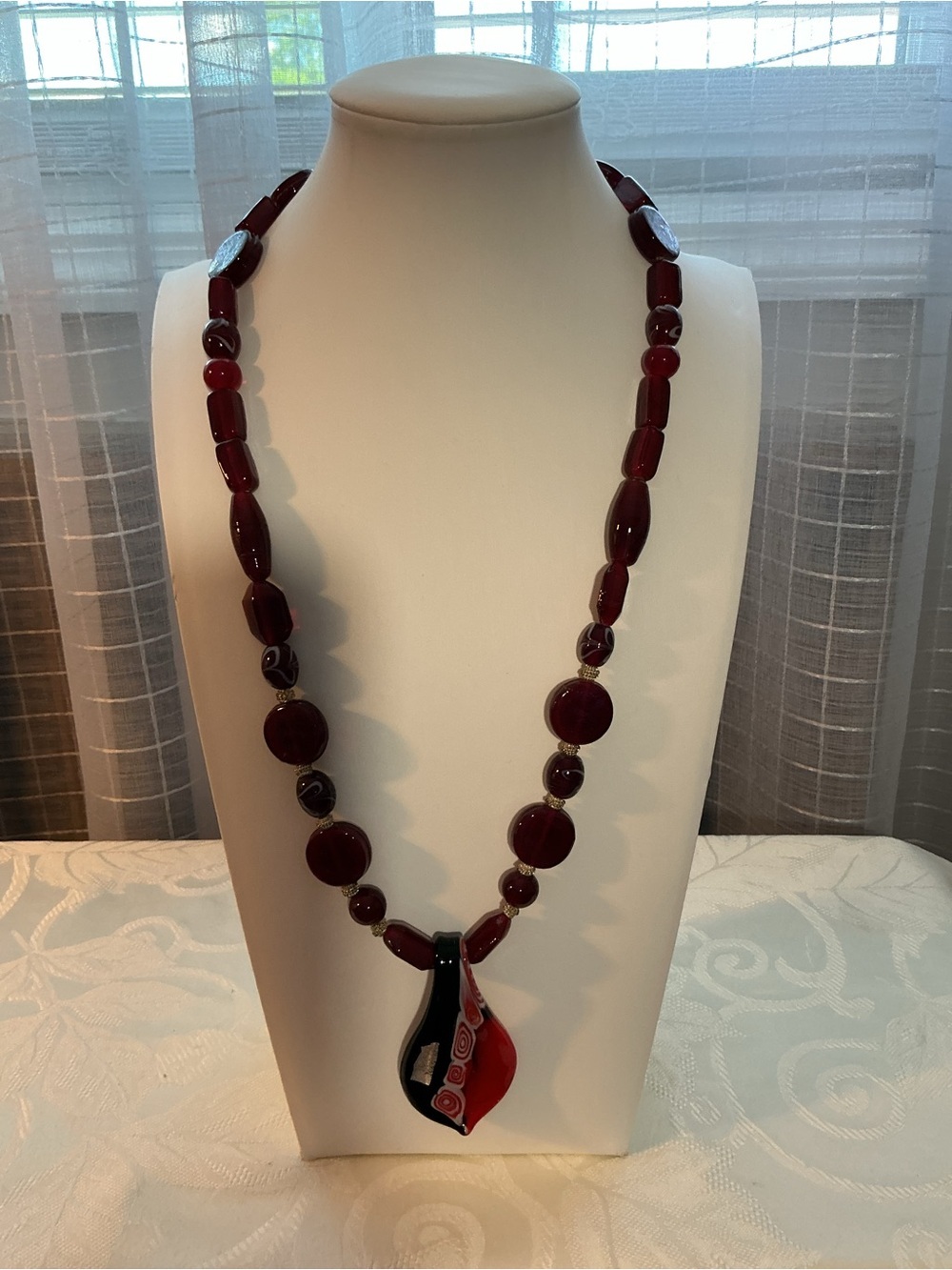 Red & Black Bold Artisan Glass Silver Tone Statement Necklace